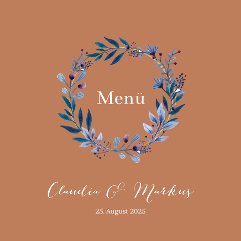 Menükarte mit Blumenkranz in blau