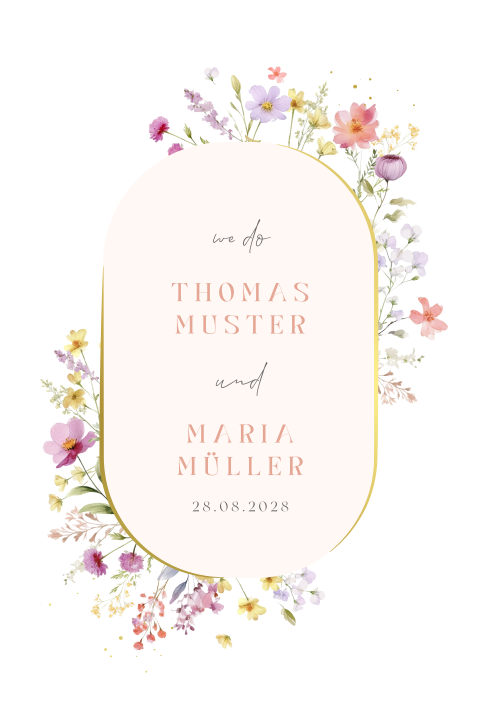 Hochzeitseinladung mit Blumenranken und goldenem Rahmen