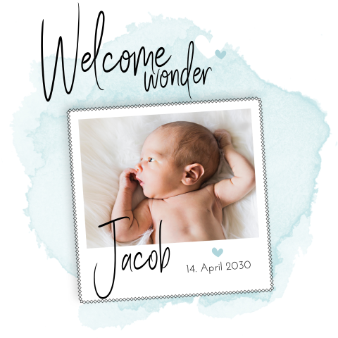 Geburtskarte mit Foto im Polaroidstil und blauem Aquarell-Look