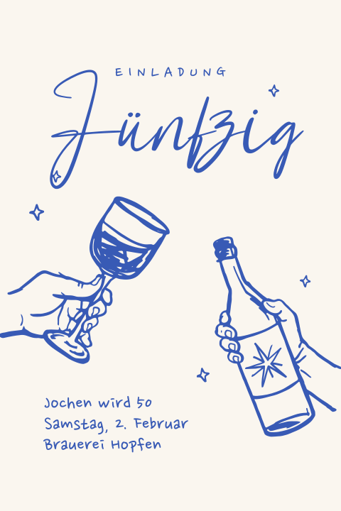 Einladung 50. Geburtstag in Blau und Weiß mit Illustrationen