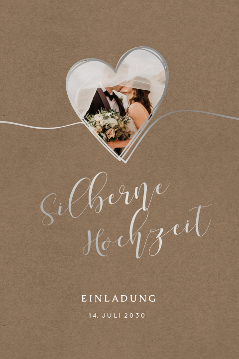 Kraft-Look Einladung zur silbernen Hochzeit mit Foto und Silberfolie