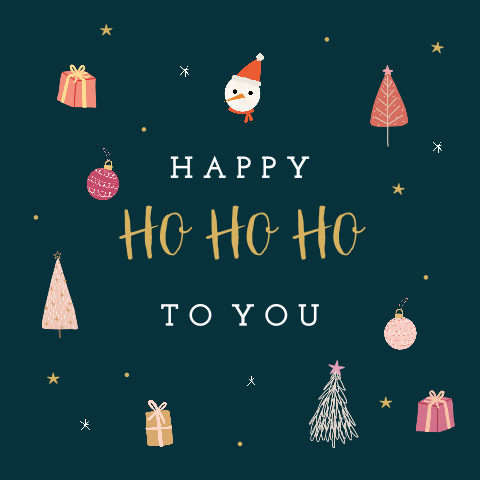 Hübsche Weihnachtskarte mit Geschenken und Tannen