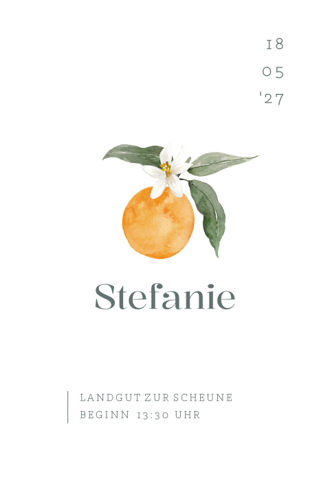 Schlichte Einladung zum Geburtstag mit runden Ecken und Orangen