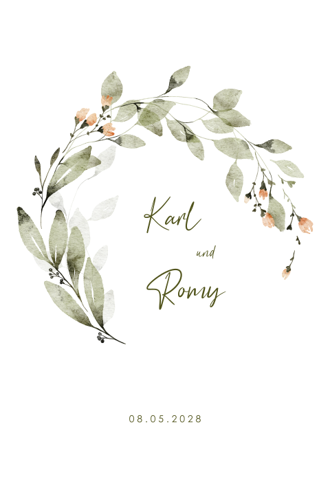 Hochzeitseinladung mit Kranz aus Aquarell Zweigen und Blüten