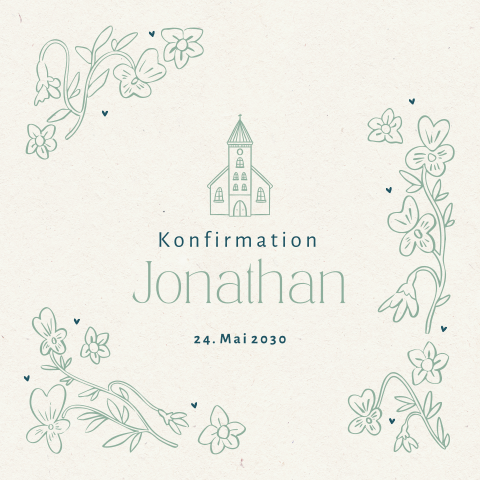 Grüne Einladung zur Konfirmation mit Linienzeichnungen von Blumen