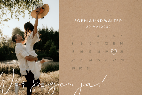 Hochzeitskarte im Kraft-Look mit Kalenderblatt und Foto