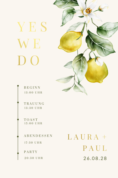 Hochzeitseinladung in Beige und Grün mit Zitronenzweig und Goldfolie