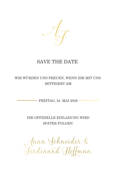 Klassische Save the Date-Karte mit Goldfolie und Initialen