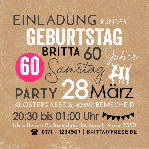 Quadratische Einladung zum 60. Geburtstag im Kraftlook