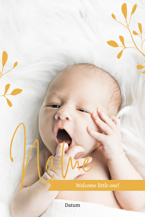 Fröhliche Babykarte mit Foto, Zweigen und gelben Farbflächen