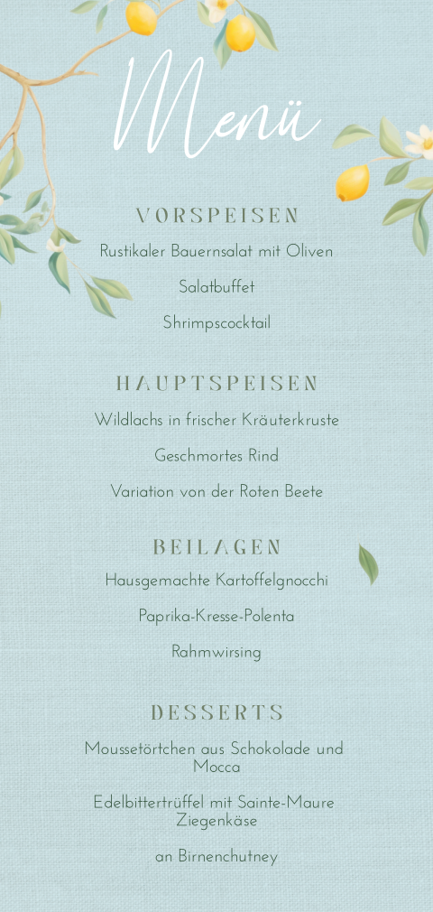 Blaue mediterrane Menükarte mit Zitronen