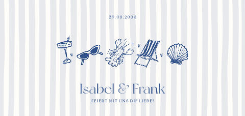 Hochzeitseinladung in Blau mit Streifen und sommerlichen Illustrationen