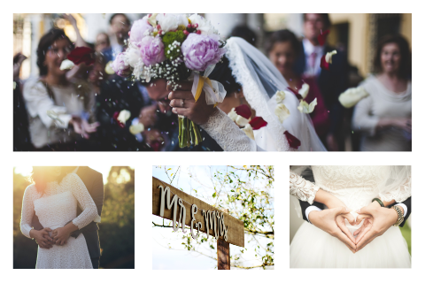 Moderne Hochzeitskarte im Querformat mit vier persönlichen Fotos