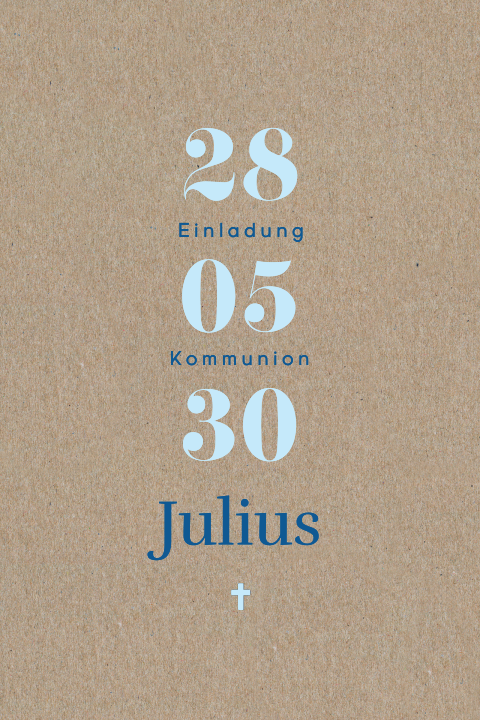 Kraftpapier Einladung zur Kommunion in Blau mit Datum