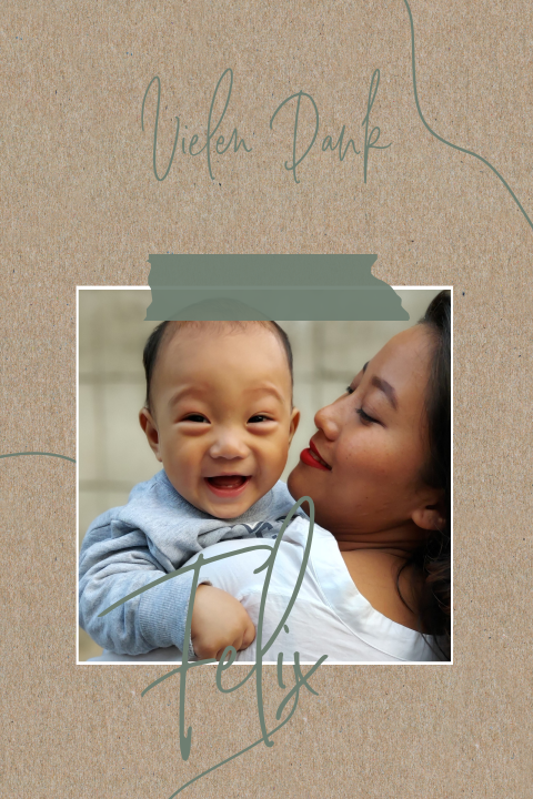 Schöne Kraftlook-Dankeskarte mit dunkelgrünen Linien und Foto