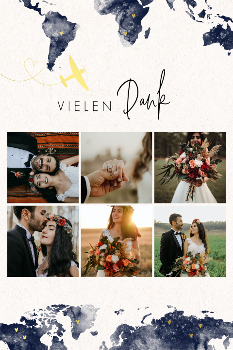 Danksagungskarte mit blauer Weltkarte, Flugzeug und Herzchen mit Fotos