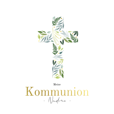 Quadratische Einladungskarte zur Kommunion mit Kreuz aus Zweigen