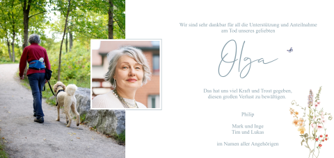 Trauer Danksagung mit persönlichen Fotos und Naturmotiv 