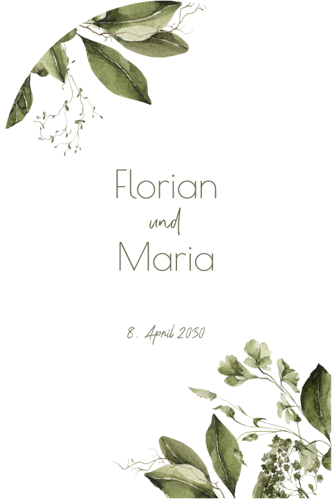 Botanische Einladung zur Hochzeit in Bogenform mit schlichten Blättern