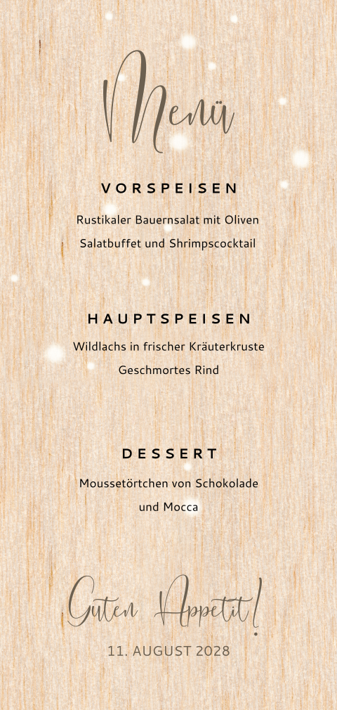 Menükarte auf Holz mit Lichterzauber und runden Ecken