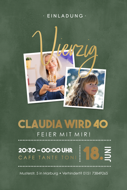 Grüne Geburtstagseinladung zum 40. Geburtstag im Samt-Look mit Fotos und Mattgoldfolie
