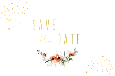 Romantische Save the Date Karte mit Blumen, Herzen und Goldfolie