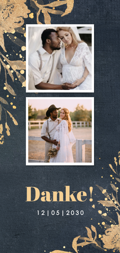 Kunstvolle Dankeskarte Hochzeit mit Fotos und Blumenecken
