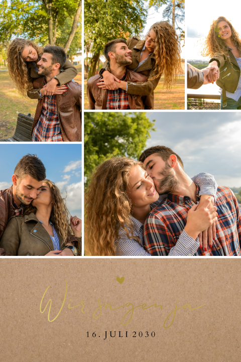 Hochformat Hochzeitskarte mit 5 Fotos im Kraft-Look