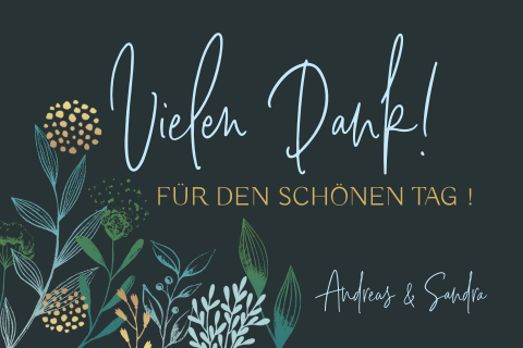 Stilvolle Dankeskarte Hochzeit auf dunklem Hintergrund