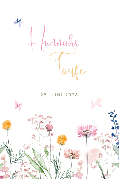 Florale Einladung zur Taufe mit farbenfrohen Blumen und Foto