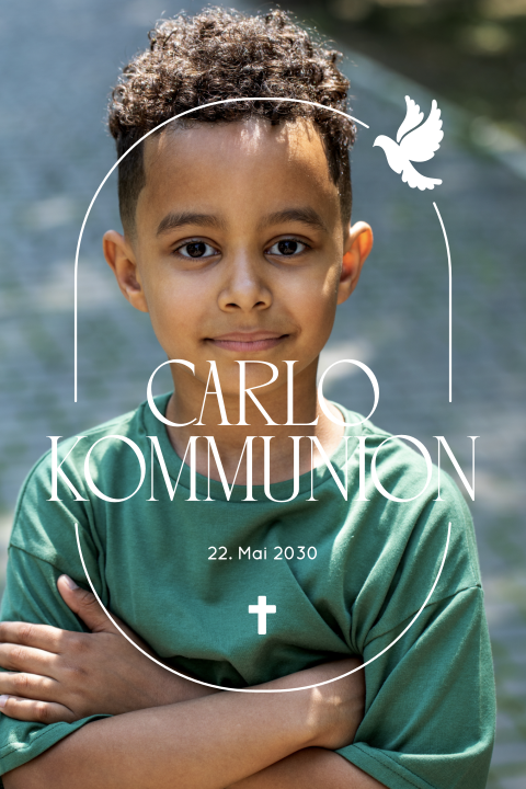Einladung zur Kommunion für Jungen mit Foto und Taube