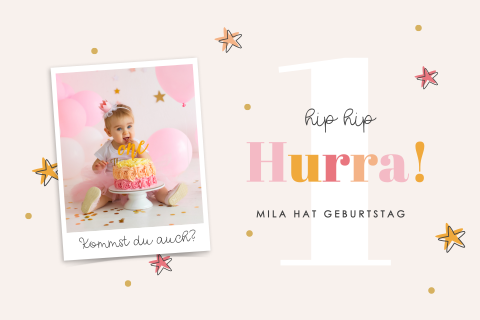 Einladung zum Kindergeburtstag mit Sternen, bunter Schrift und Foto