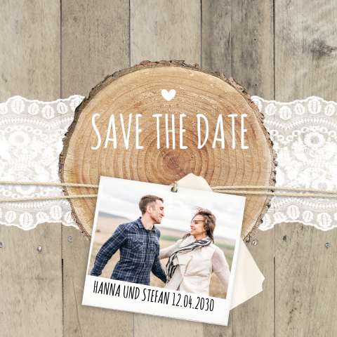 Originelle Save the Date Karte in Holzoptik mit Foto