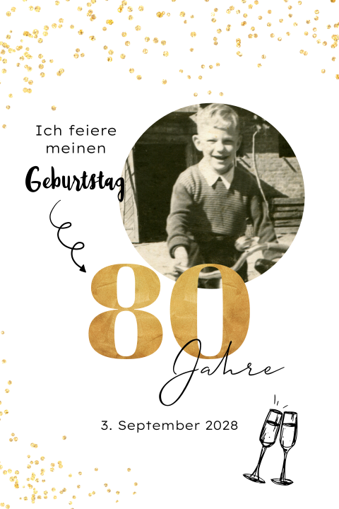 Einladung zum 80 Geburtstag mit sprankelndem Gold und runden Ecken
