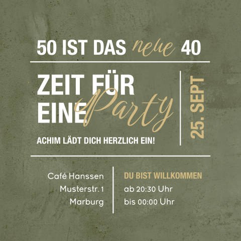 Coole Einladung zum 50. Geburtstag in Grün mit Mattgoldfolie