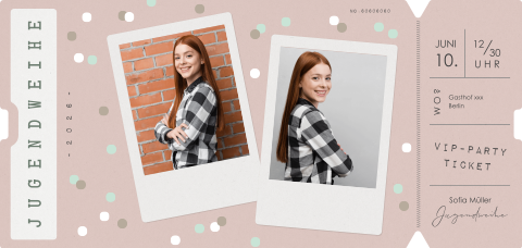 Einladung zur Jugendweihe mit zwei Fotos im rosa Ticketstil