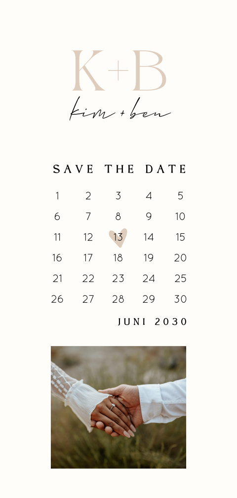 Minimalistische Save the Date Karte mit Foto, Kalender und Initialen