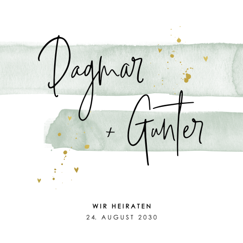 Hochzeitskarte mit grünen Farbstreifen und Goldfoliespritzern