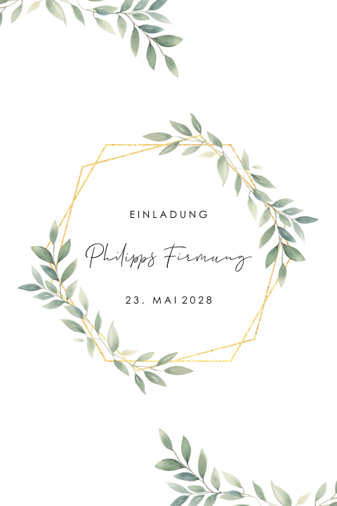 Einladung zur Firmung mit Zweigen und Blättern und goldenem Kreuz