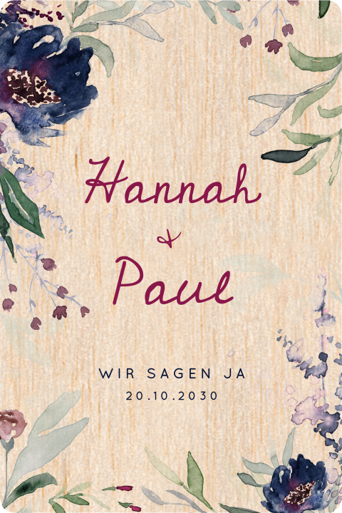 Echtholz Hochzeitseinladung mit Aquarell Blumenrand