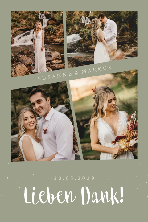 Moderne Fotocollagen-Dankeskarte zur Hochzeit auf grünem Hintergrund