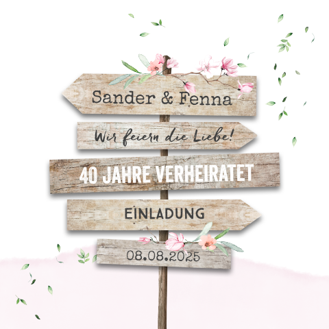 Einladung zur Rubinhochzeit mit rosa Blumen und Wegweiser
