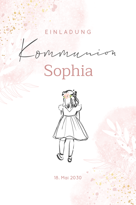 Rosa Einladung zur Kommunion mit Aquarell und Illustration Mädchens