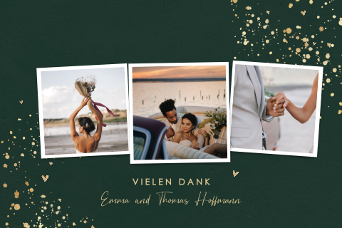 Dankeskarte Hochzeit in grün mit goldenen Tupfern