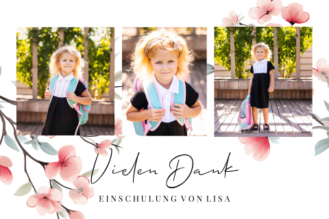 Dankeskarte zur Einschulung mit drei Fotos und süßen Bluen