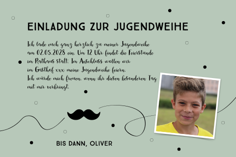 Einladung zur Jugendweihe mit Schnurrbart