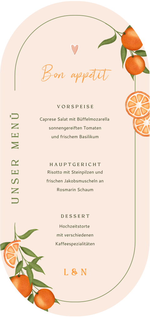 Ovale Menükarte mediterranem Look mit Orangen