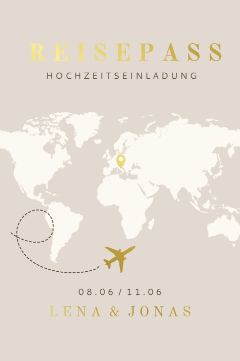 Hochzeitseinladung Reisepass in beige mit Goldfolie