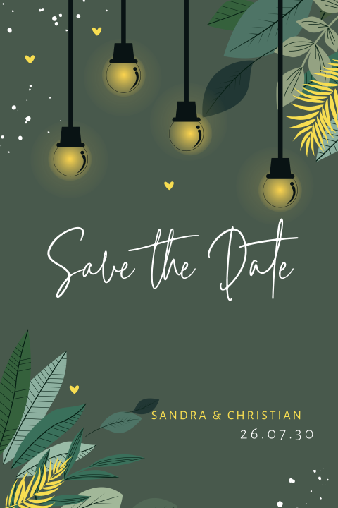 Sommerliche Save the Date Karte mit Lichterkette und grünen Zweigen