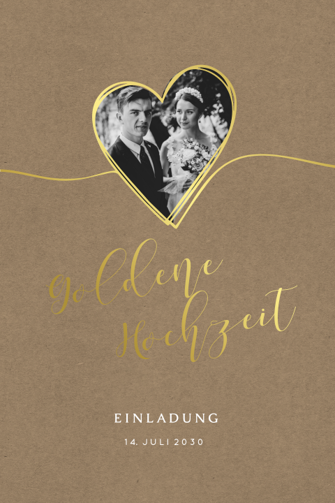 Kraft-Look Einladung zur Goldenen Hochzeit mit Foto und Goldfolie